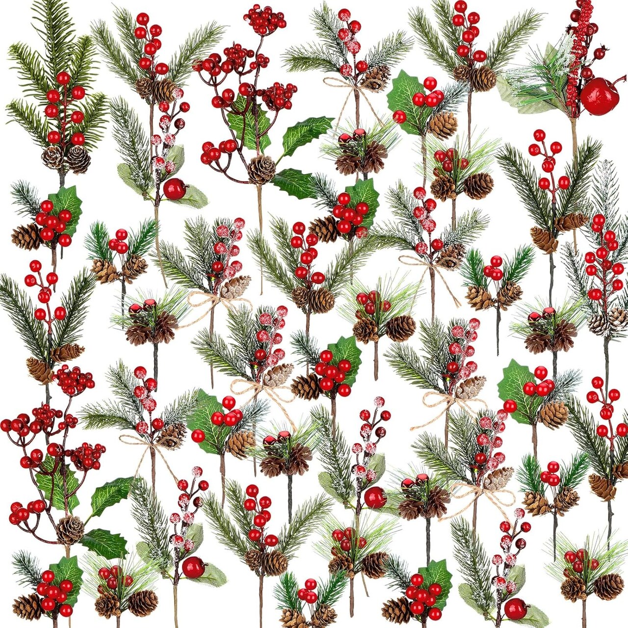 50-Piece Christmas Floral Picks – Artificial Snowy Berry Stems with Pinecones and Faux Cedar Pine Needles for Wreaths, Garlands, and Holiday Floral Arrangements (Red)